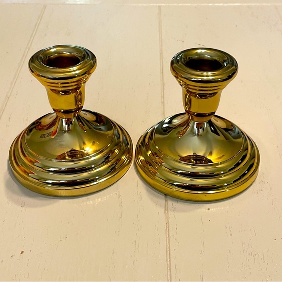Pair of 3 1/2” VINTAGE F B ROGERS SILVER PLATE CANDLE HOLDERS Gold Tone JAPAN - Picture 1 of 10